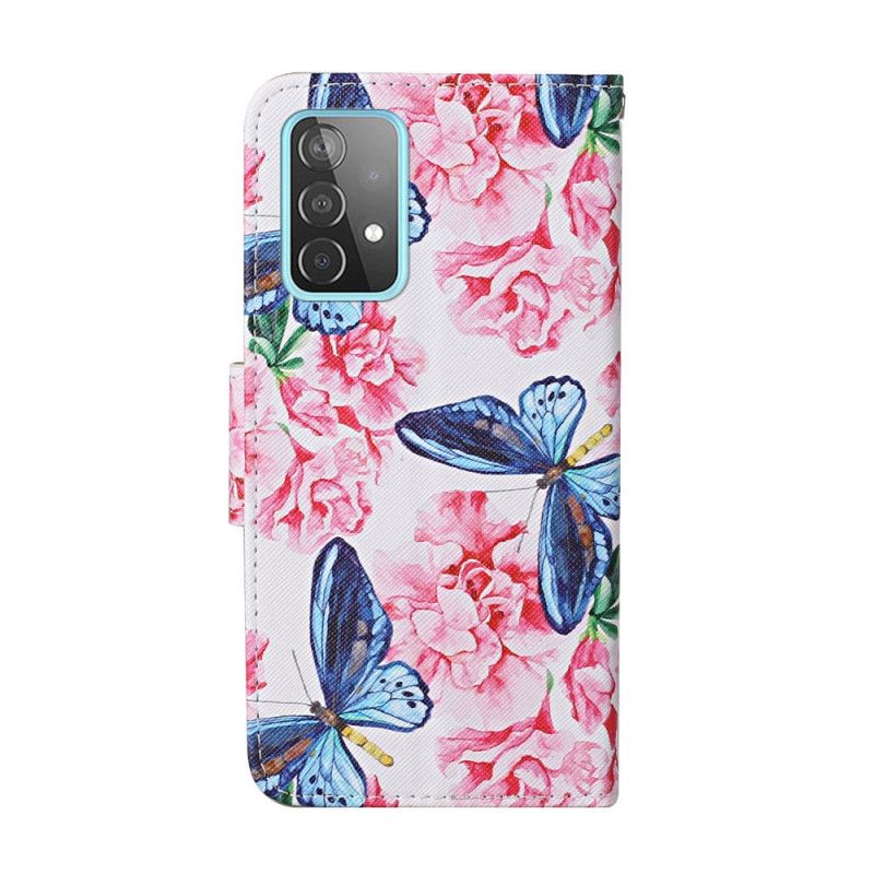 Folio Deksel Samsung Galaxy A52 4G / A52 5G Magenta Thong Floral Sommerfugler