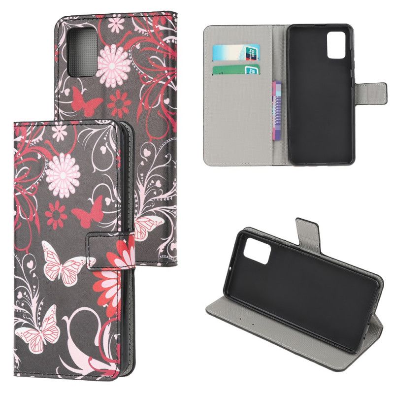 Folio Deksel Samsung Galaxy A52 4G / A52 5G Svart Sommerfugler Og Blomster