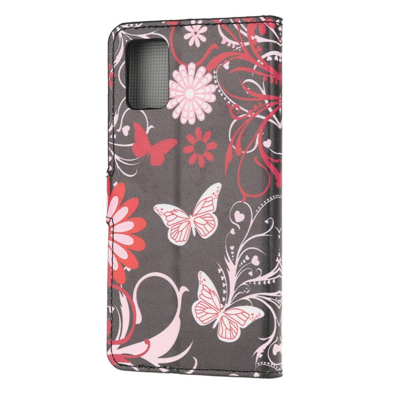 Folio Deksel Samsung Galaxy A52 4G / A52 5G Svart Sommerfugler Og Blomster