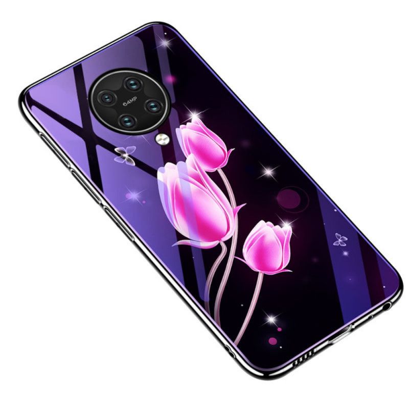 Deksel Xiaomi Poco F2 Pro Lilla Herdet Glass Og Blomstersilikon