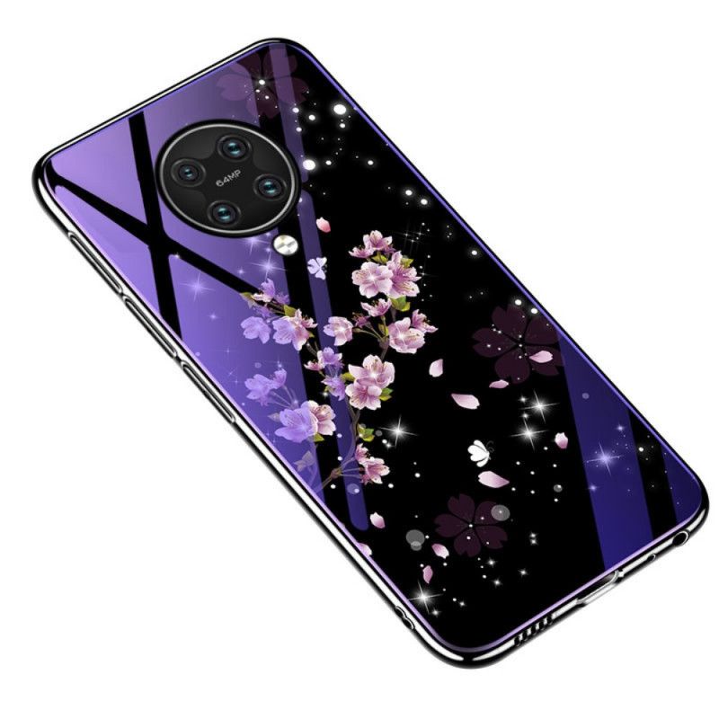 Deksel Xiaomi Poco F2 Pro Lilla Herdet Glass Og Blomstersilikon