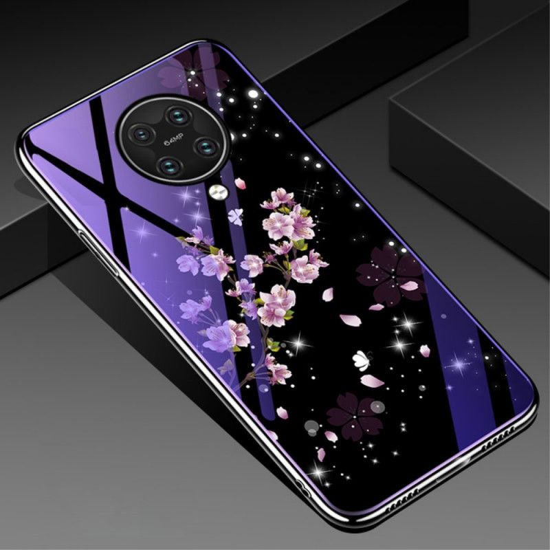 Deksel Xiaomi Poco F2 Pro Lilla Herdet Glass Og Blomstersilikon