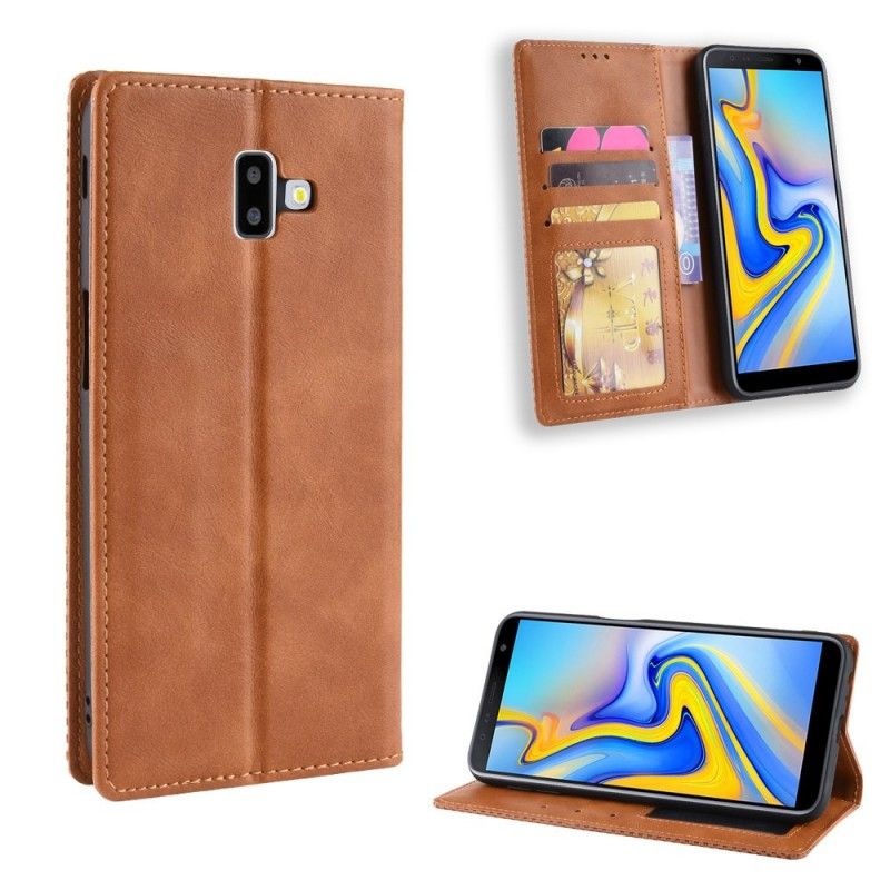 Folio Deksel Samsung Galaxy J6 Plus Svart Stilisert Vintage Skinn-Effekt Beskyttelse