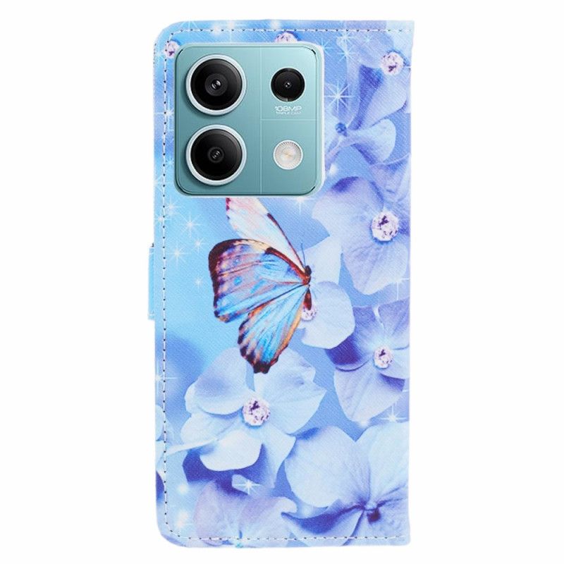 Folio Deksel Xiaomi Redmi Note 13 5g Blå Blomster Og Sommerfugl Med Stropp