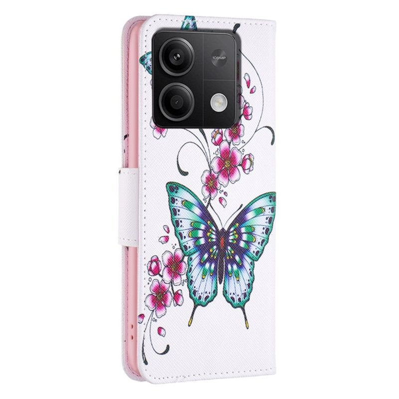 Folio Deksel Xiaomi Redmi Note 13 5g Blomstrende Fersken Og Sommerfugler Beskyttelse Deksel