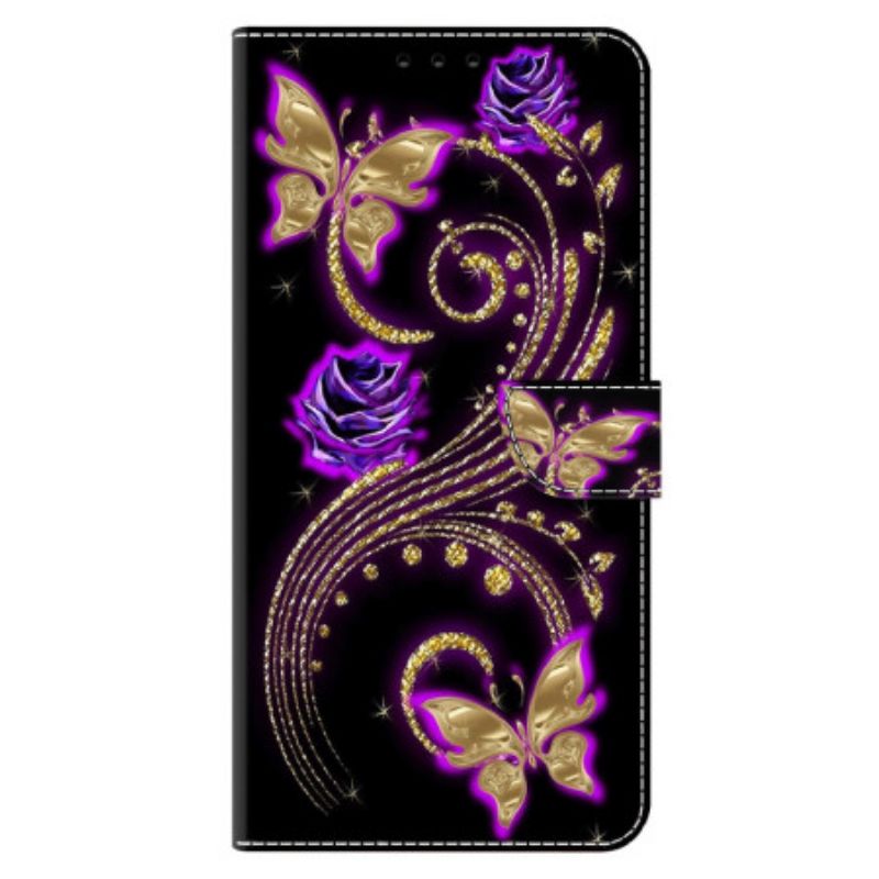 Folio Deksel Xiaomi Redmi Note 13 5g Fiolette Blomster Og Sommerfugler