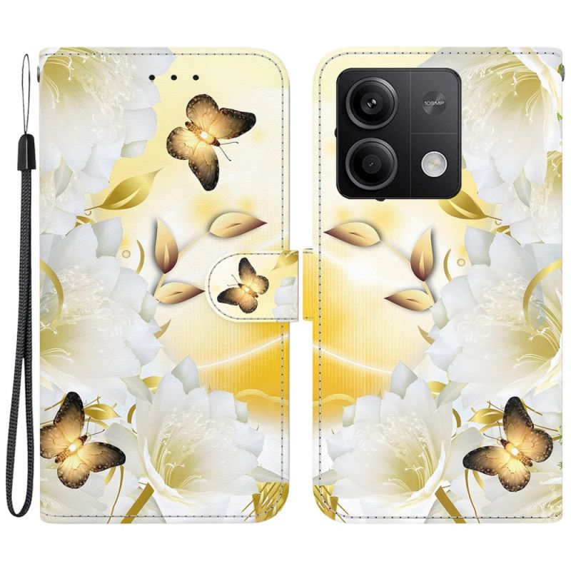 Lærdeksel Folio Deksel Xiaomi Redmi Note 13 5g Gylne Sommerfugler Og Hvite Blomster