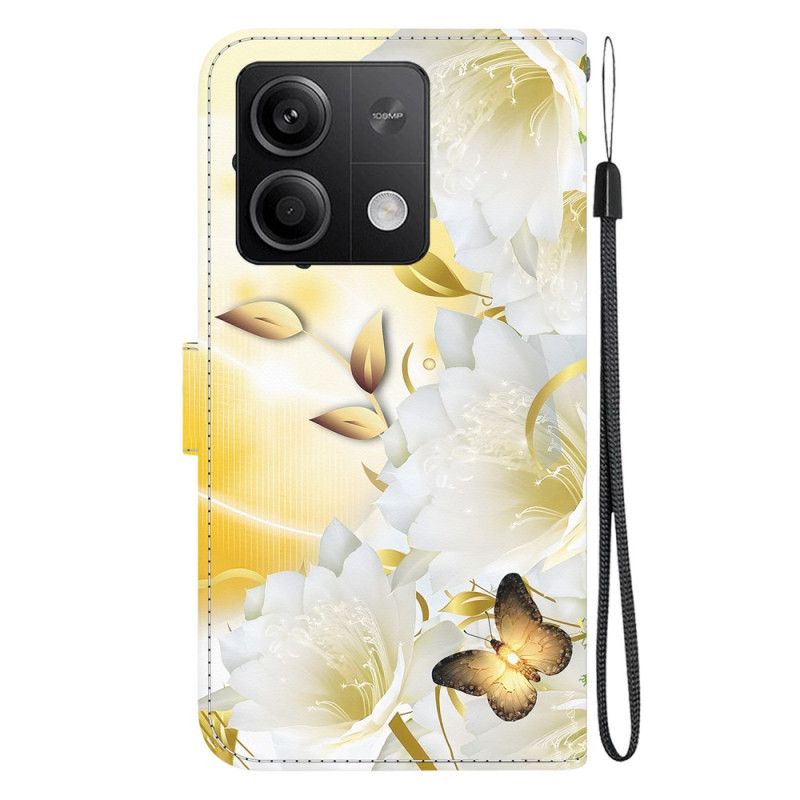 Lærdeksel Folio Deksel Xiaomi Redmi Note 13 5g Gylne Sommerfugler Og Hvite Blomster