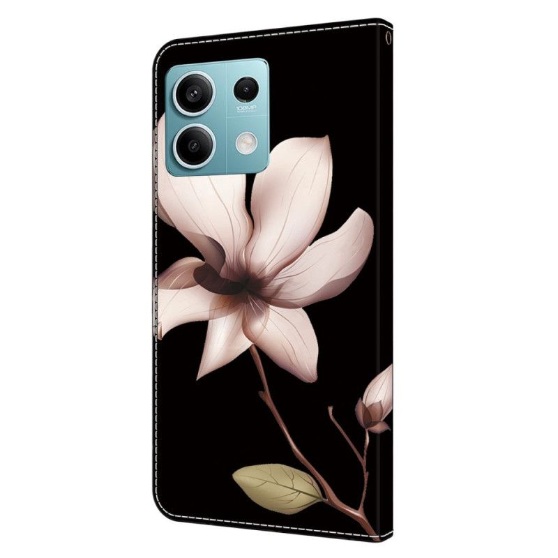 Lærdeksel Folio Deksel Xiaomi Redmi Note 13 5g Rosa Blomst På Svart Bakgrunn