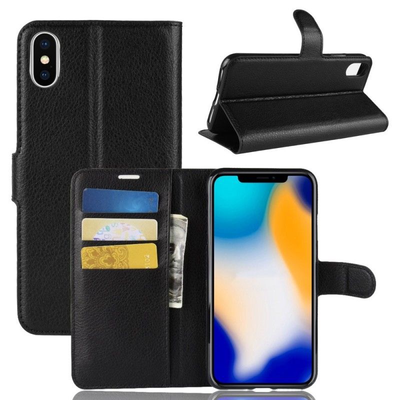 Folio Deksel iPhone XS Max Svart Retro Litchi Anti-fall