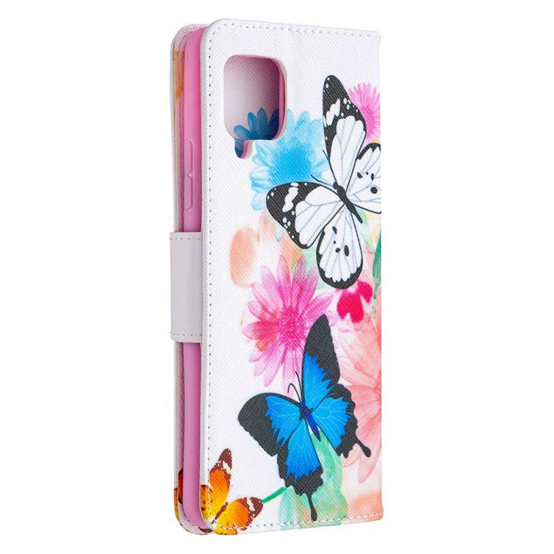 Folio Deksel Samsung Galaxy A42 5G Magenta Malte Sommerfugler Og Blomster