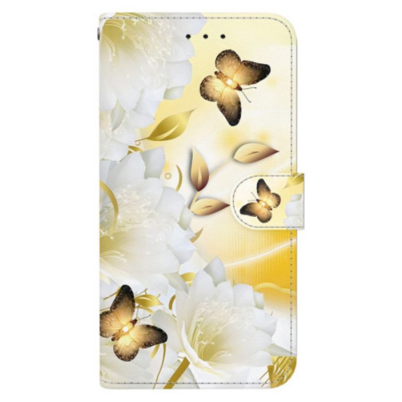 Lærdeksel Folio Deksel Oppo Reno 11f 5g Mobildeksel Gylne Sommerfugler Og Hvite Blomster