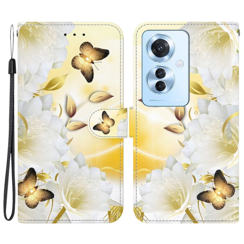 Lærdeksel Folio Deksel Oppo Reno 11f 5g Mobildeksel Gylne Sommerfugler Og Hvite Blomster