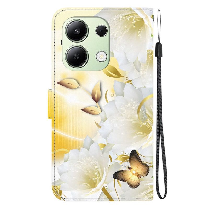 Folio Deksel Xiaomi Redmi Note 13 4g Gylne Sommerfugler Og Hvite Blomster Med Stropp Beskyttelse Deksel