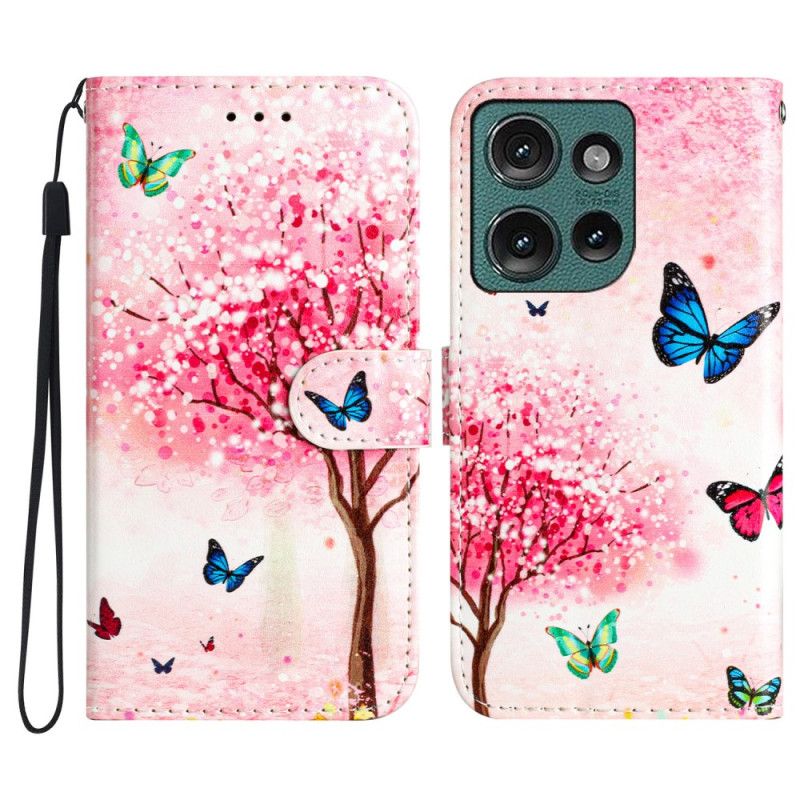 Lærdeksel Folio Deksel Motorola Edge 50 Mobildeksel Cherry Blossom Tree Med Stropp