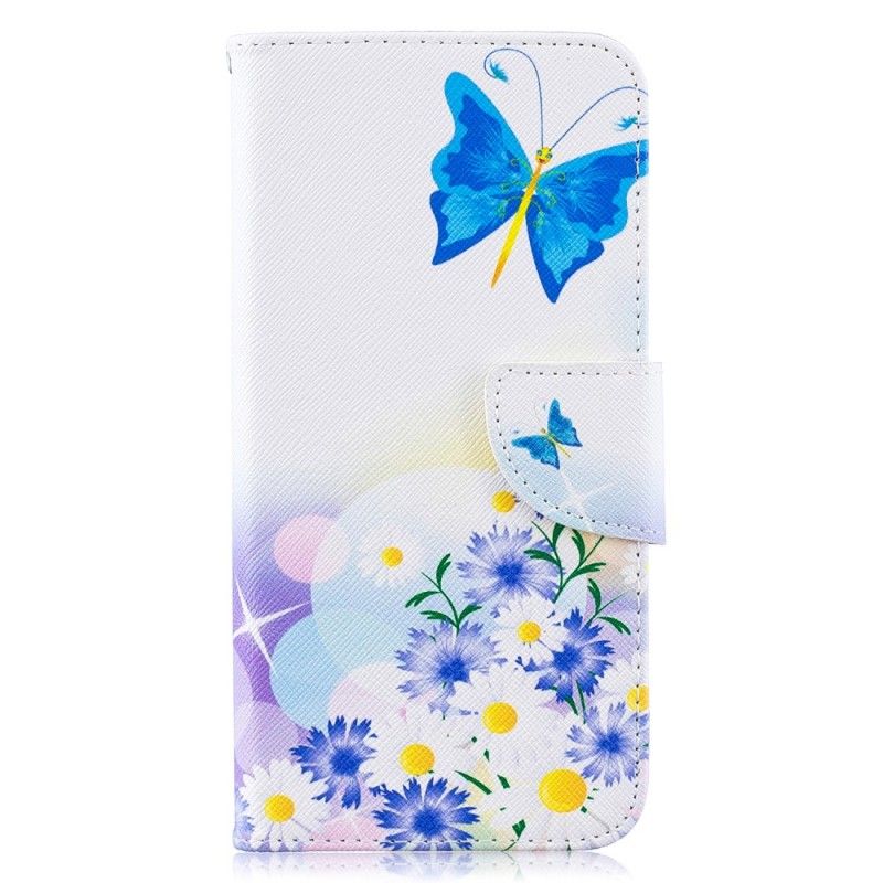 Folio Deksel Samsung Galaxy A10 Rosa Malte Sommerfugler Og Blomster