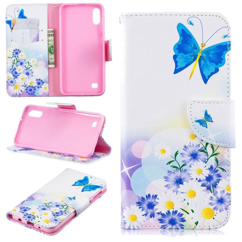 Folio Deksel Samsung Galaxy A10 Rosa Malte Sommerfugler Og Blomster