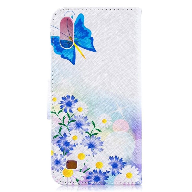 Folio Deksel Samsung Galaxy A10 Rosa Malte Sommerfugler Og Blomster