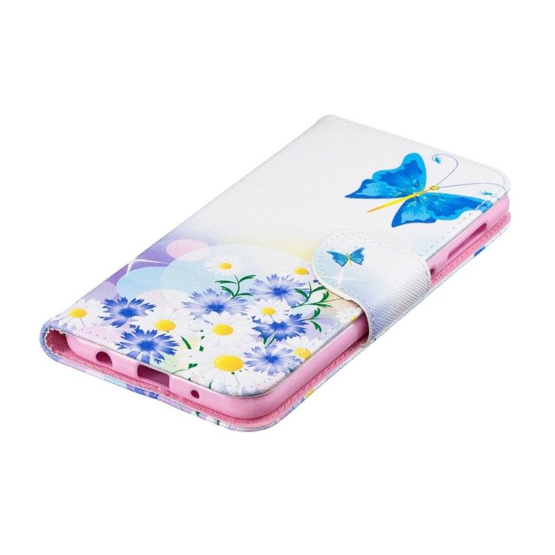 Folio Deksel Samsung Galaxy A10 Rosa Malte Sommerfugler Og Blomster