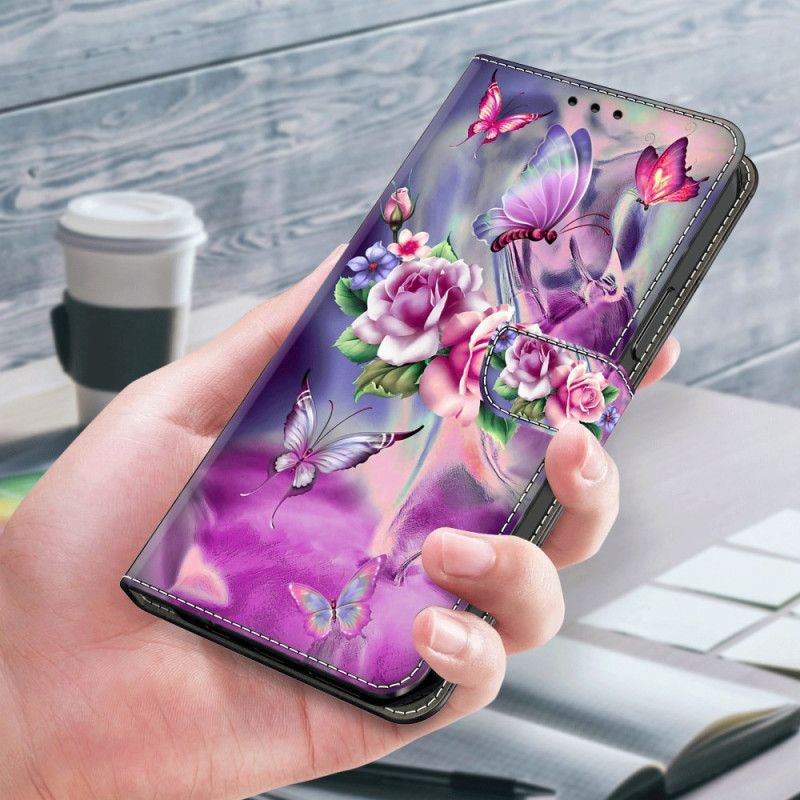 Folio Deksel Til Xiaomi 14 Lilla Sommerfugler Og Blomster