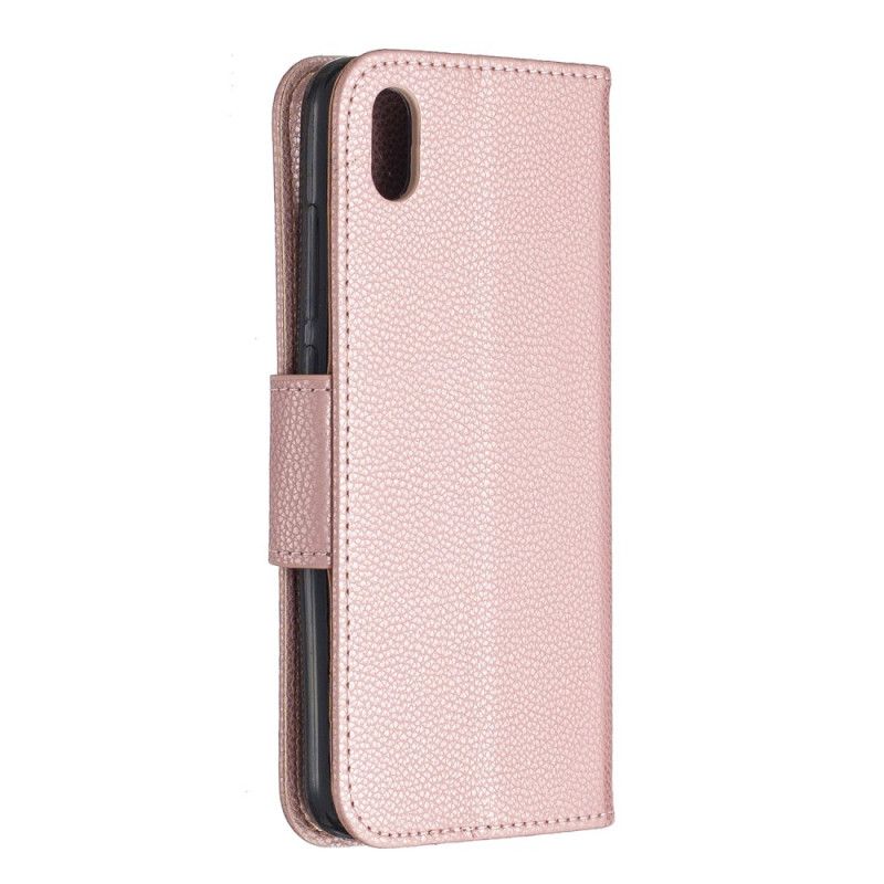 Folio Deksel Xiaomi Redmi 7A Magenta Farget Lychee-Skinneffekt Med Stropp Beskyttelse