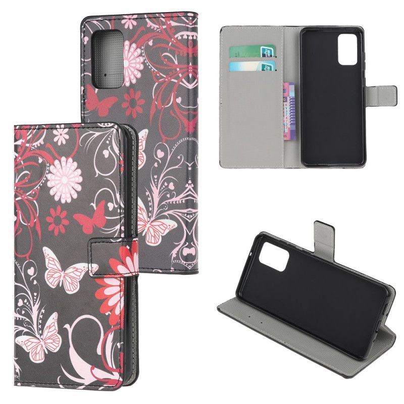 Folio Deksel Samsung Galaxy S20 Plus / S20 Plus 5G Svart Sommerfugler Og Blomster Anti-fall