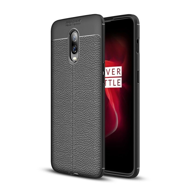 Deksel for OnePlus 6T Svart Dobbeltlinjet Litchi-Læreffekt