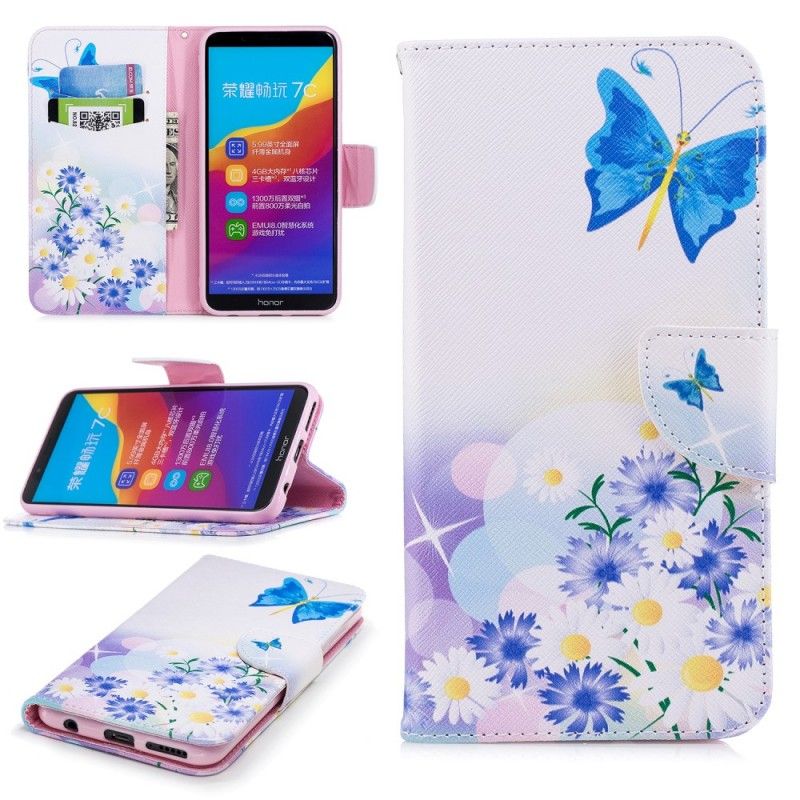 Folio Deksel Huawei Y7 2018 Lyseblå Malte Sommerfugler Og Blomster