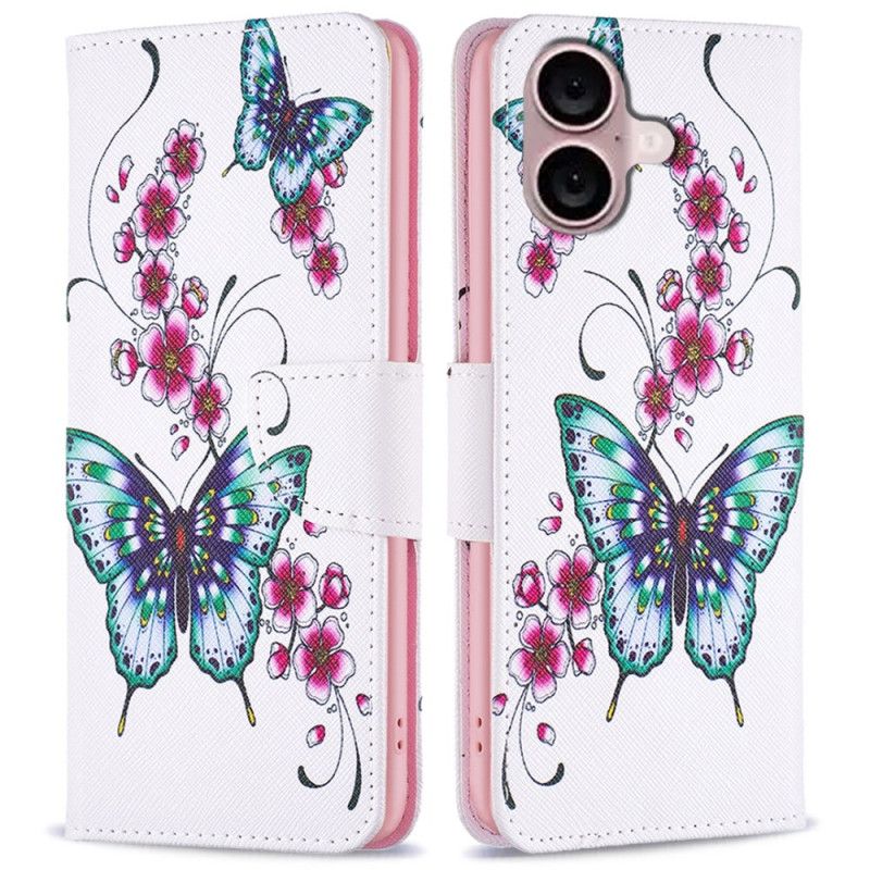 Folio Deksel iPhone 16 Plus Blomster Og Sommerfugler