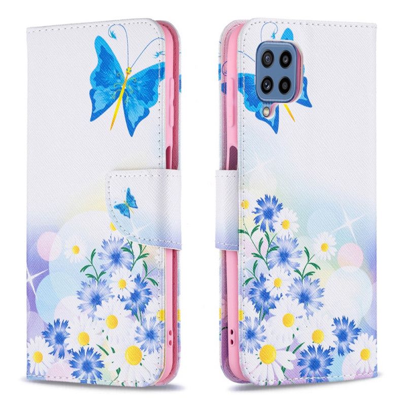 Lærdeksel Folio Deksel Samsung Galaxy M32 Mobildeksel Malte Sommerfugler Og Blomster