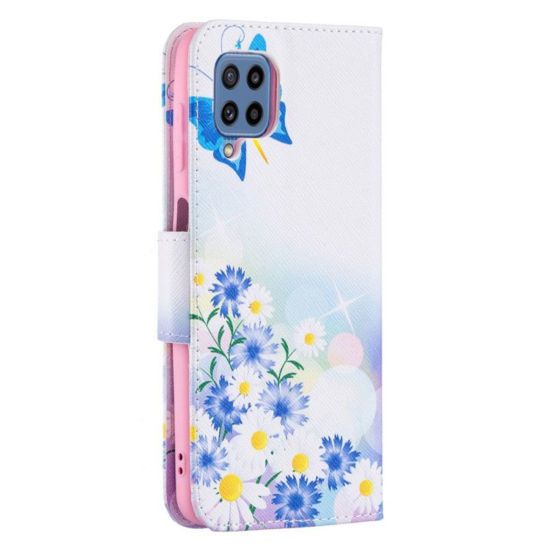 Lærdeksel Folio Deksel Samsung Galaxy M32 Mobildeksel Malte Sommerfugler Og Blomster