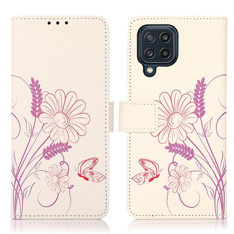 Lærdeksel Folio Deksel Samsung Galaxy M32 Tegning Av Sommerfugler Og Blomster