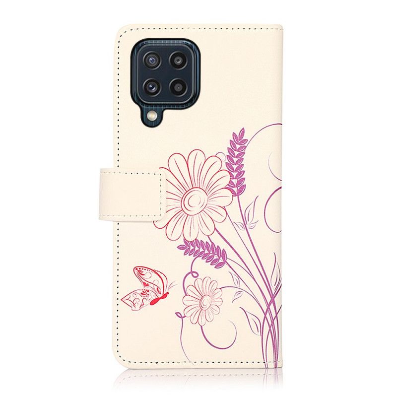 Lærdeksel Folio Deksel Samsung Galaxy M32 Tegning Av Sommerfugler Og Blomster