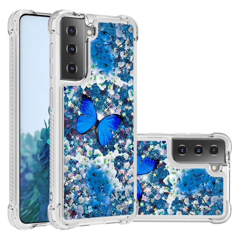 Deksel Samsung Galaxy S21 Plus 5G Blå Glitter Sommerfugler