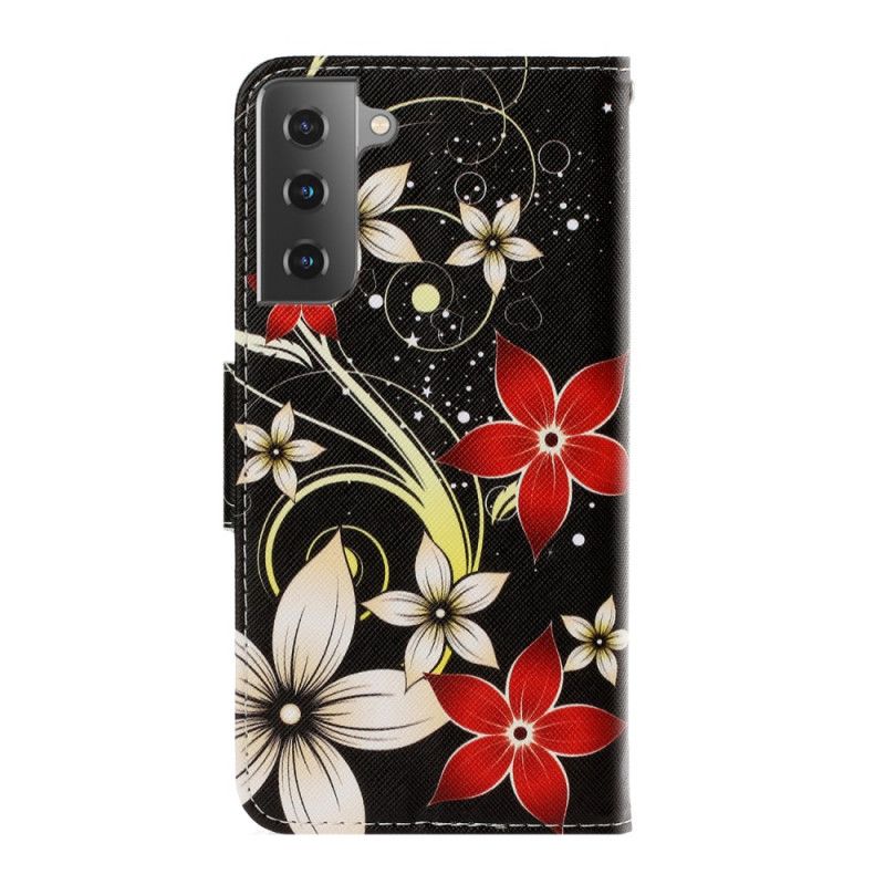 Folio Deksel Samsung Galaxy S21 Plus 5G Fargerike Blomster Med Stropp