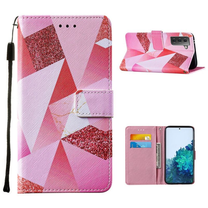 Folio Deksel Samsung Galaxy S21 Plus 5G Magenta Trekanter Og Glitter