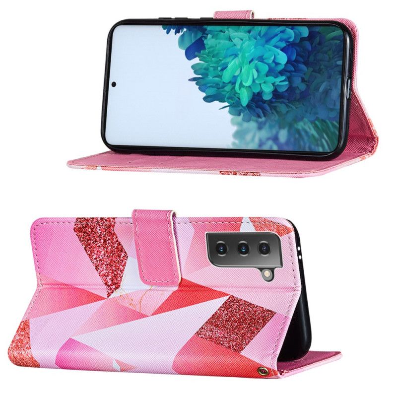 Folio Deksel Samsung Galaxy S21 Plus 5G Magenta Trekanter Og Glitter