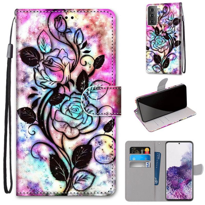 Folio Deksel Samsung Galaxy S21 Plus 5G Neonblomster Anti-fall