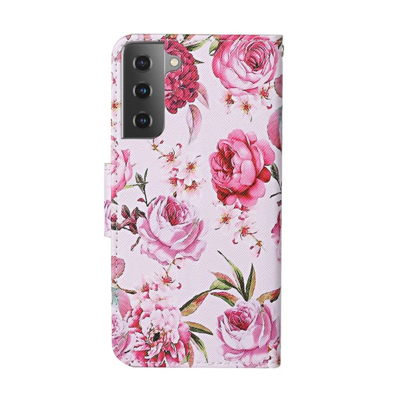 Folio Deksel Samsung Galaxy S21 Plus 5G Rød Mesterlige Blomster Med Tanga