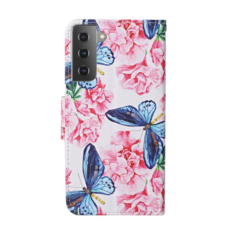 Folio Deksel Samsung Galaxy S21 Plus 5G Svart Thong Blomster Sommerfugler Anti-fall