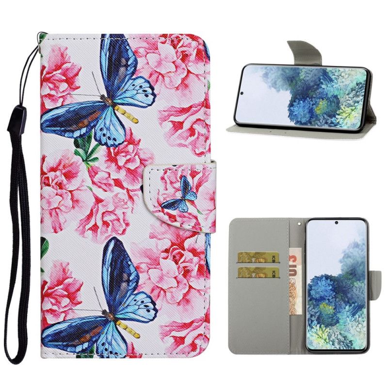 Folio Deksel Samsung Galaxy S21 Plus 5G Svart Thong Blomster Sommerfugler Anti-fall