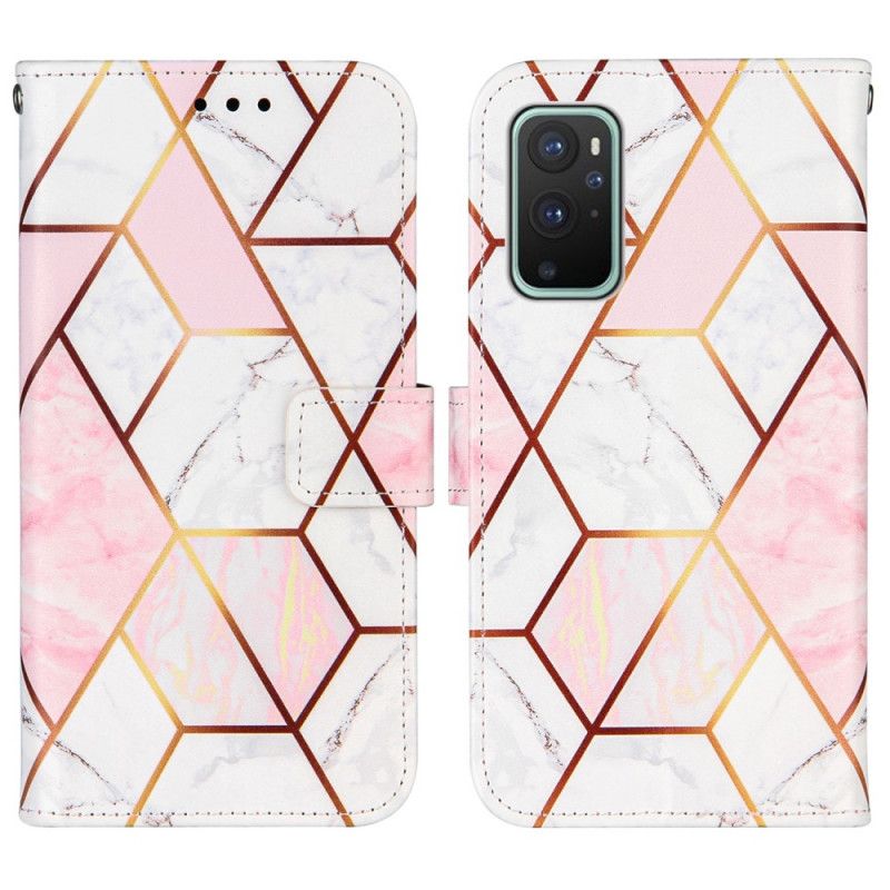 Folio Deksel for OnePlus 9 Rosa Geometrisk Marmor Med Stropp