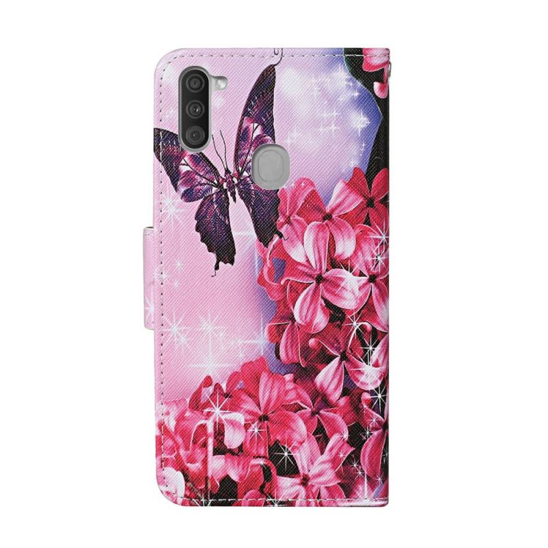 Folio Deksel for Samsung Galaxy M11 Magenta Thong Blomster Sommerfugler