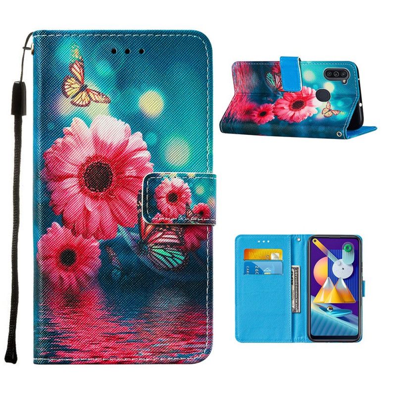 Folio Deksel Samsung Galaxy M11 Blomster Og Sommerfugler Beskyttelse