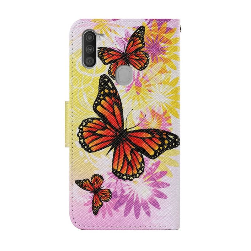 Folio Deksel Samsung Galaxy M11 Gul Sommerfugler Og Sommerblomster