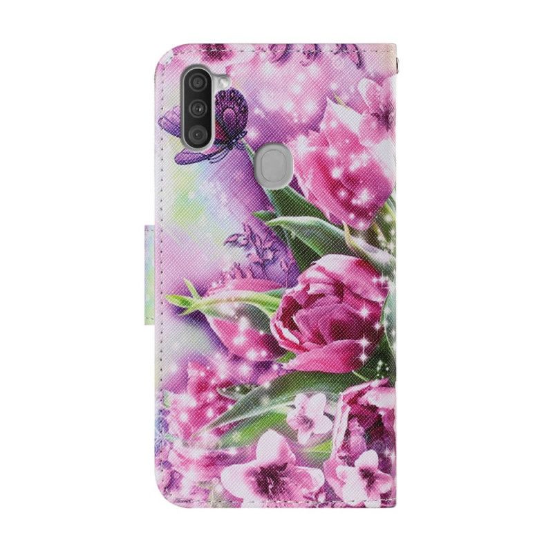 Folio Deksel Samsung Galaxy M11 Sommerfugler Og Tulipaner