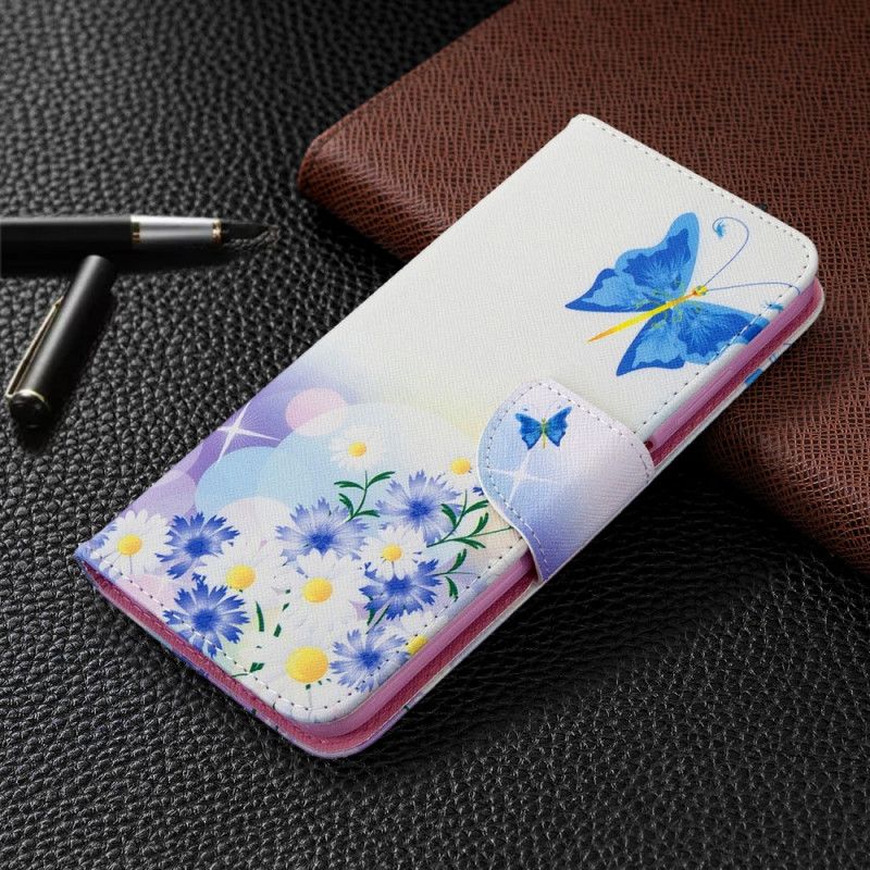 Folio Deksel for Huawei P40 Lite Magenta Malte Sommerfugler Og Blomster