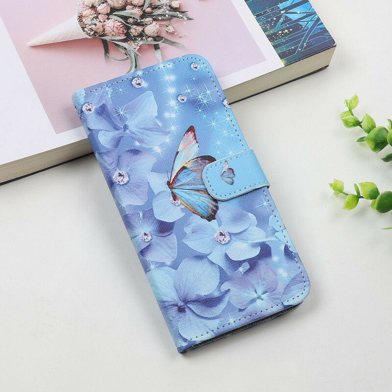 Folio Deksel iPhone 13 Pro Diamond Strappy Butterflies