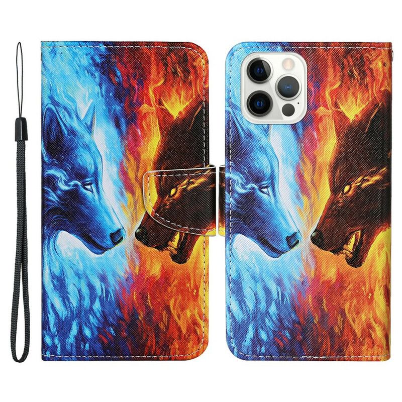 Folio Deksel iPhone 13 Pro Wolf War With Lanyard Beskyttelse Deksel