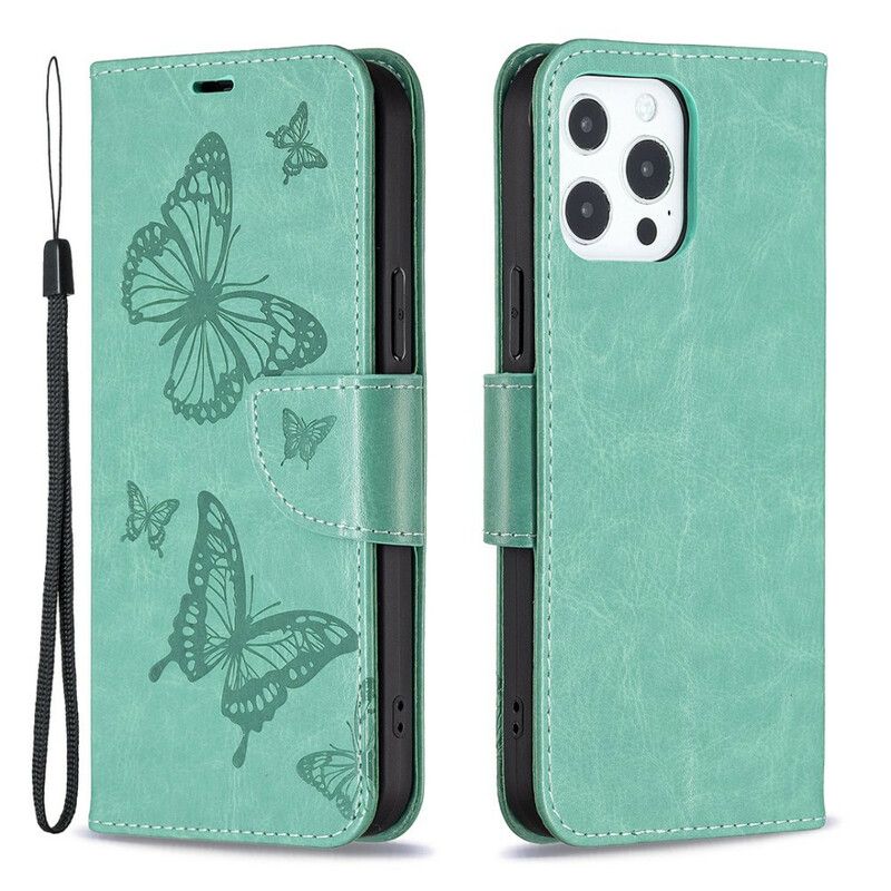 Folio Deksel Til iPhone 13 Pro Butterflies Printed Strappy